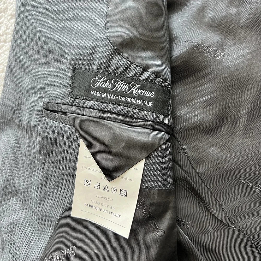 Ermenegildo Zegna Saks Fifth Avenue Suit Jacket Mens 38 Gray Wool Silk Trim Fit